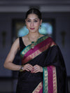 Banarasee Handloom Plain Semi Silk Saree With Contrast Zari Border-Black