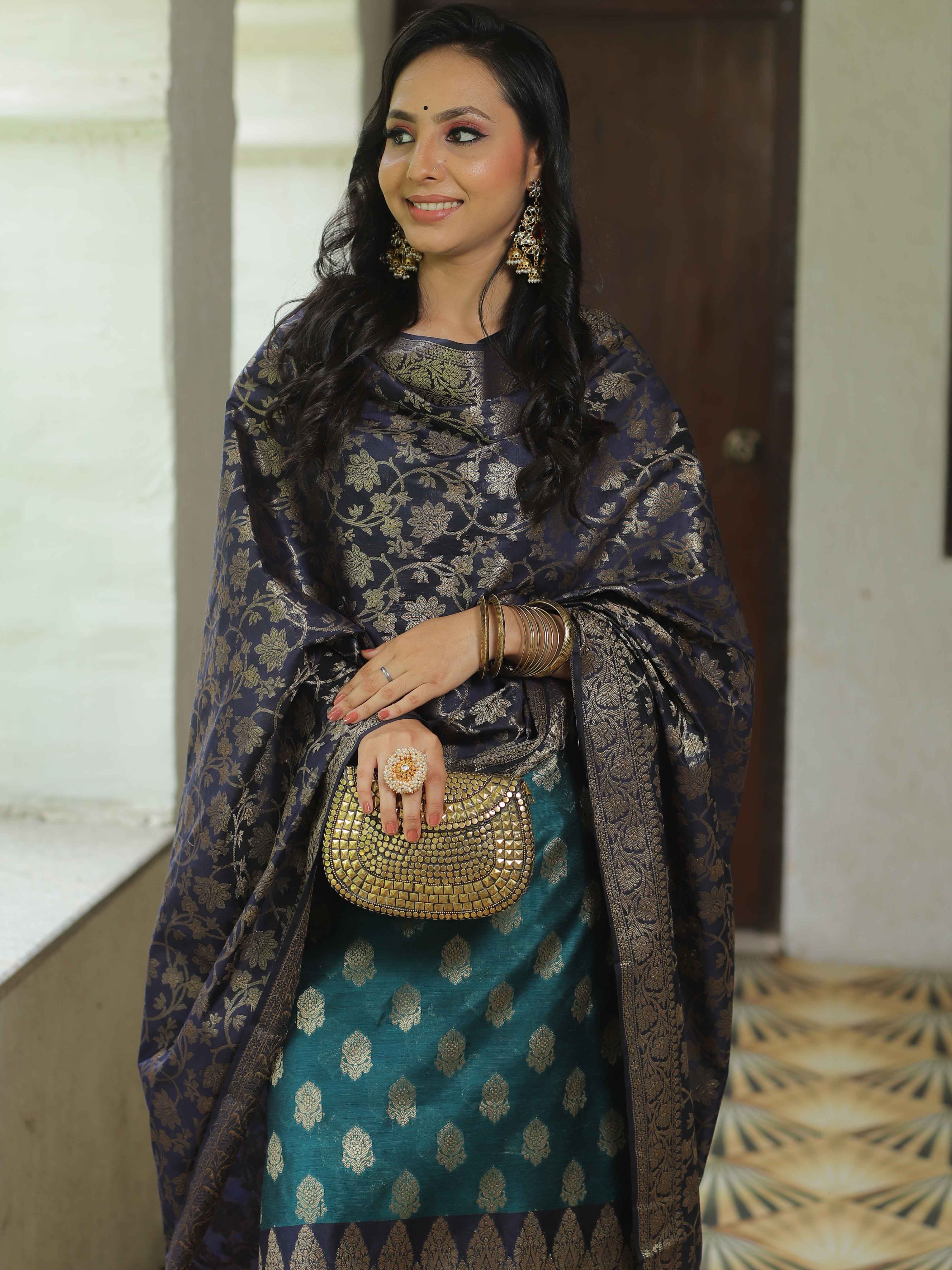 Banarasee Chanderi Cotton Salwar Kameez Fabric With Antique Zari & Contrast Dupatta-Green & Blue