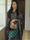 Banarasee Chanderi Cotton Salwar Kameez Fabric With Antique Zari & Contrast Dupatta-Green & Blue