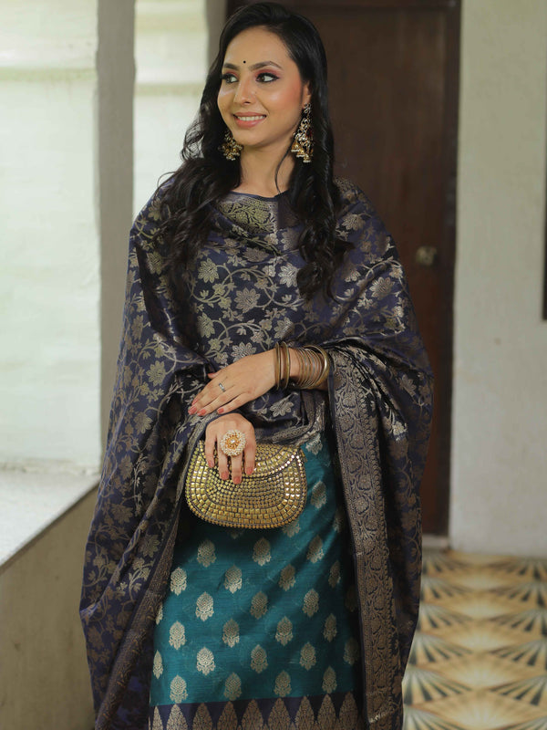 Banarasee Chanderi Cotton Salwar Kameez Fabric With Antique Zari & Contrast Dupatta-Green & Blue