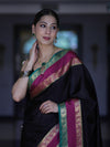 Banarasee Handloom Plain Semi Silk Saree With Contrast Zari Border-Black