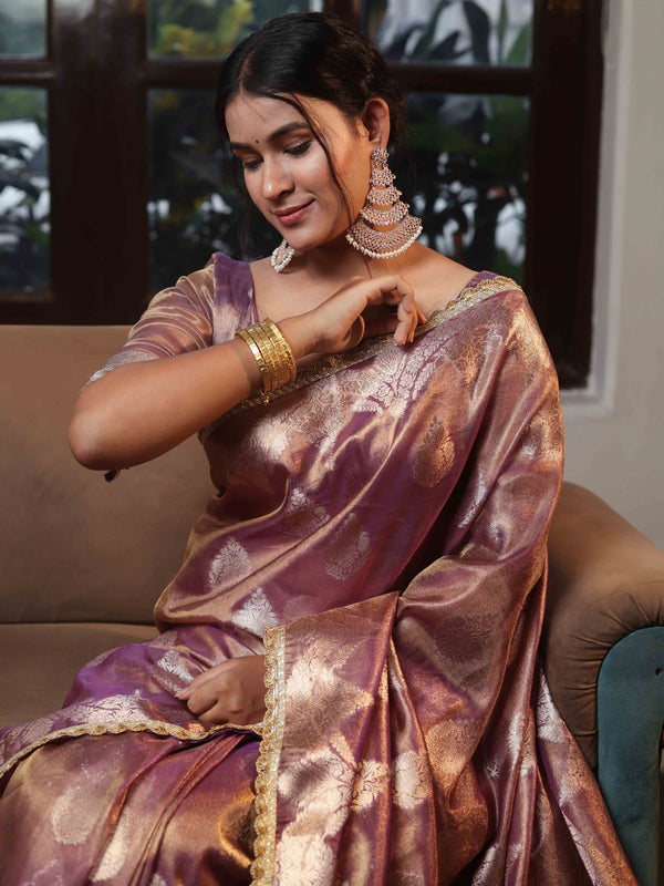 Banarasee Handwoven Crushed Tissue Saree With Zari Buta Design & Lace-Onion Pink