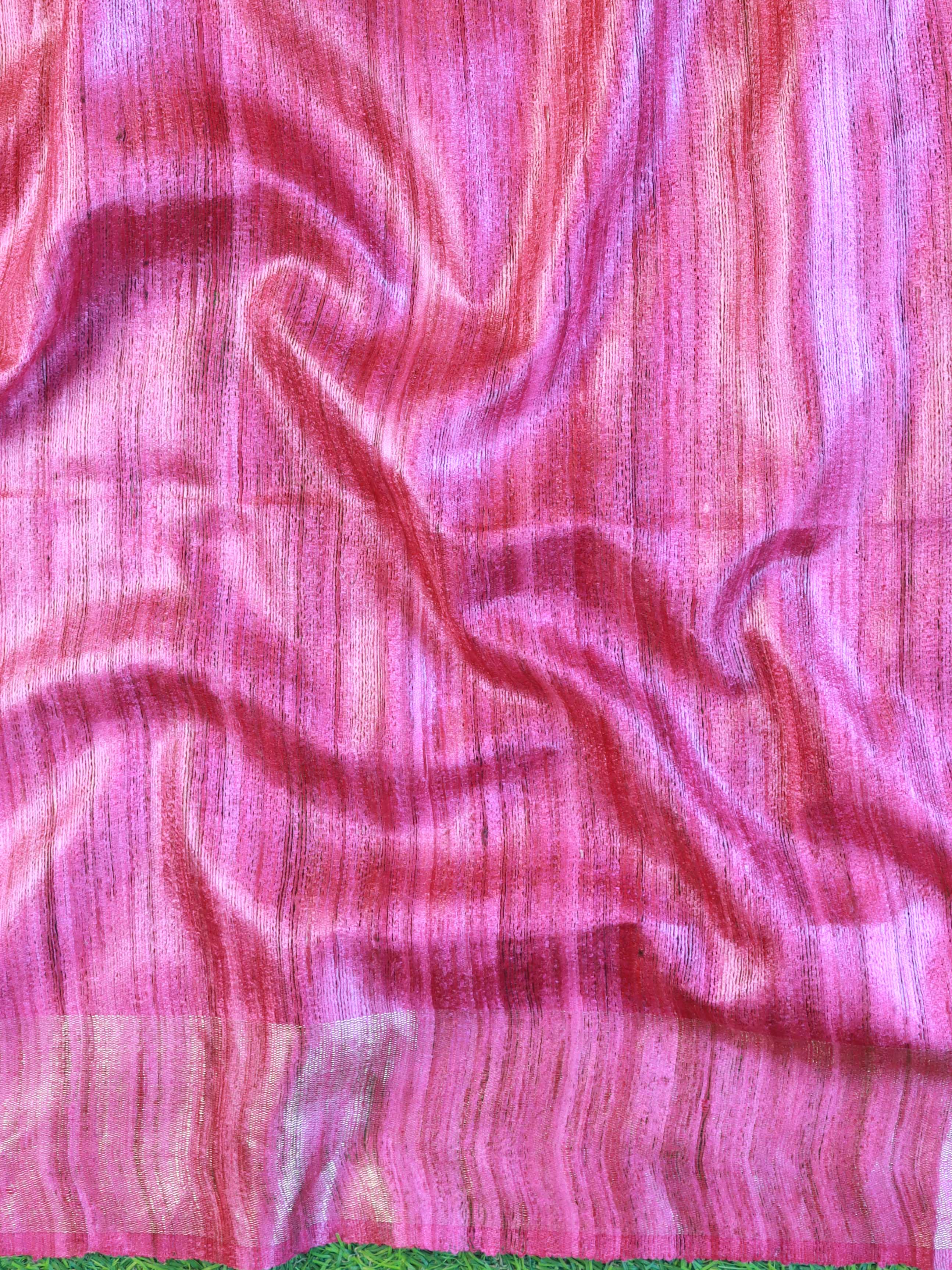 Bhagalpur Pure Handloom Tussar Silk Saree With Block Print Design-Beige & Pink
