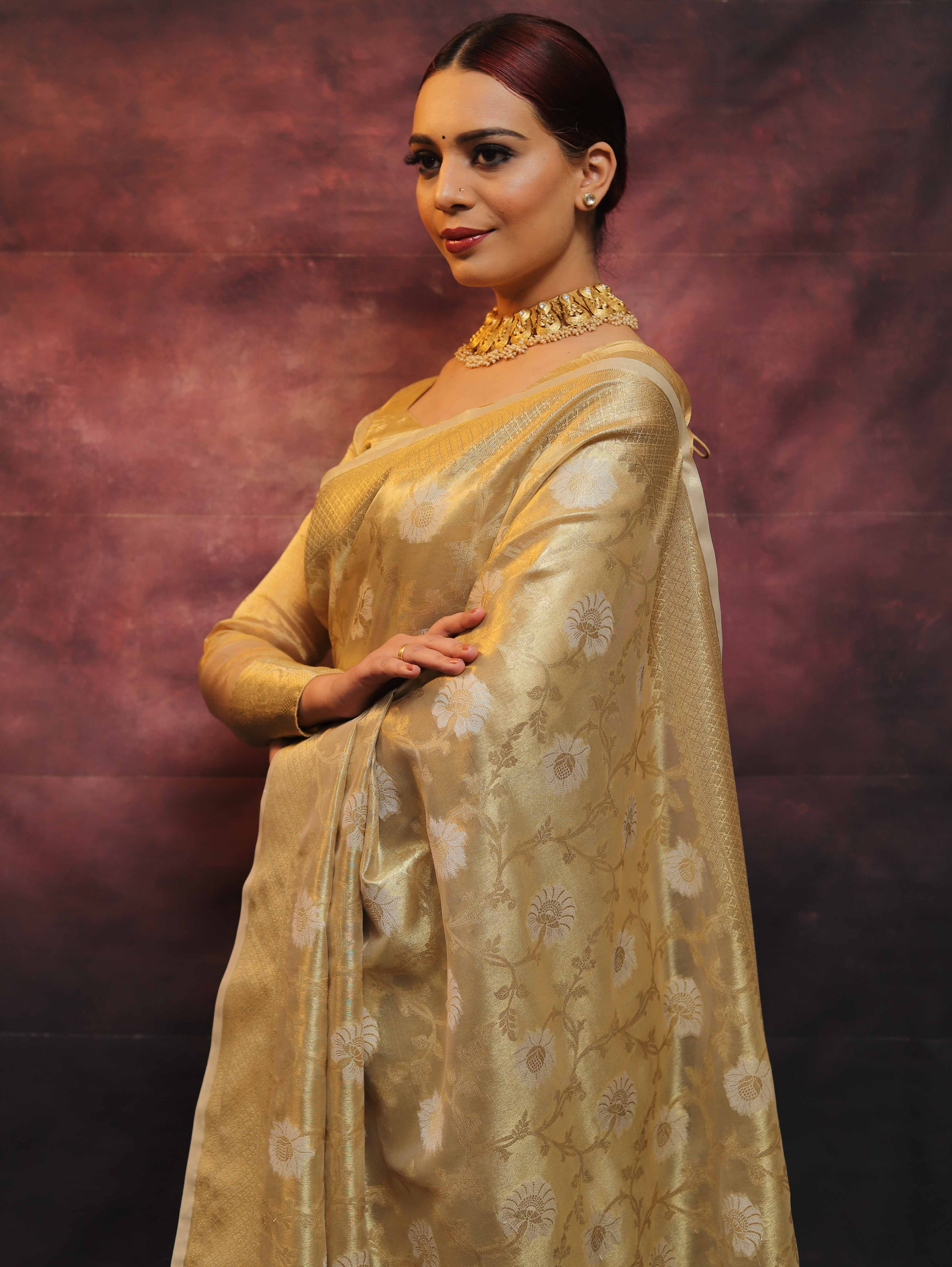 Banarasee Handwoven Tissue Saree With Zari Jaal Work-Gold