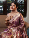 Banarasee Handwoven Crushed Tissue Saree With Zari Buta Design & Lace-Onion Pink