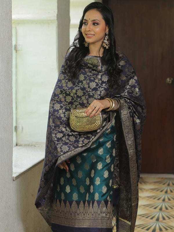 Banarasee Chanderi Cotton Salwar Kameez Fabric With Antique Zari & Contrast Dupatta-Green & Blue