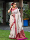 Banarasee Handwoven Georgette Saree With Antique Zari Work & Contrast Border-Off White