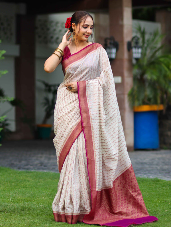 Banarasee Handwoven Georgette Saree With Antique Zari Work & Contrast Border-Off White
