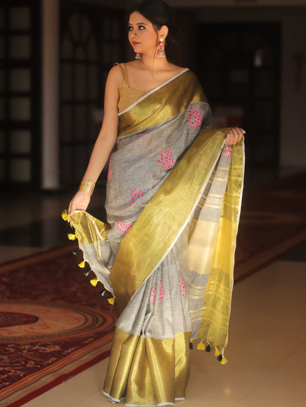 Bhagalpur Handloom Embroidered Buta Design Linen Saree With Contrast Border-Grey & Gold