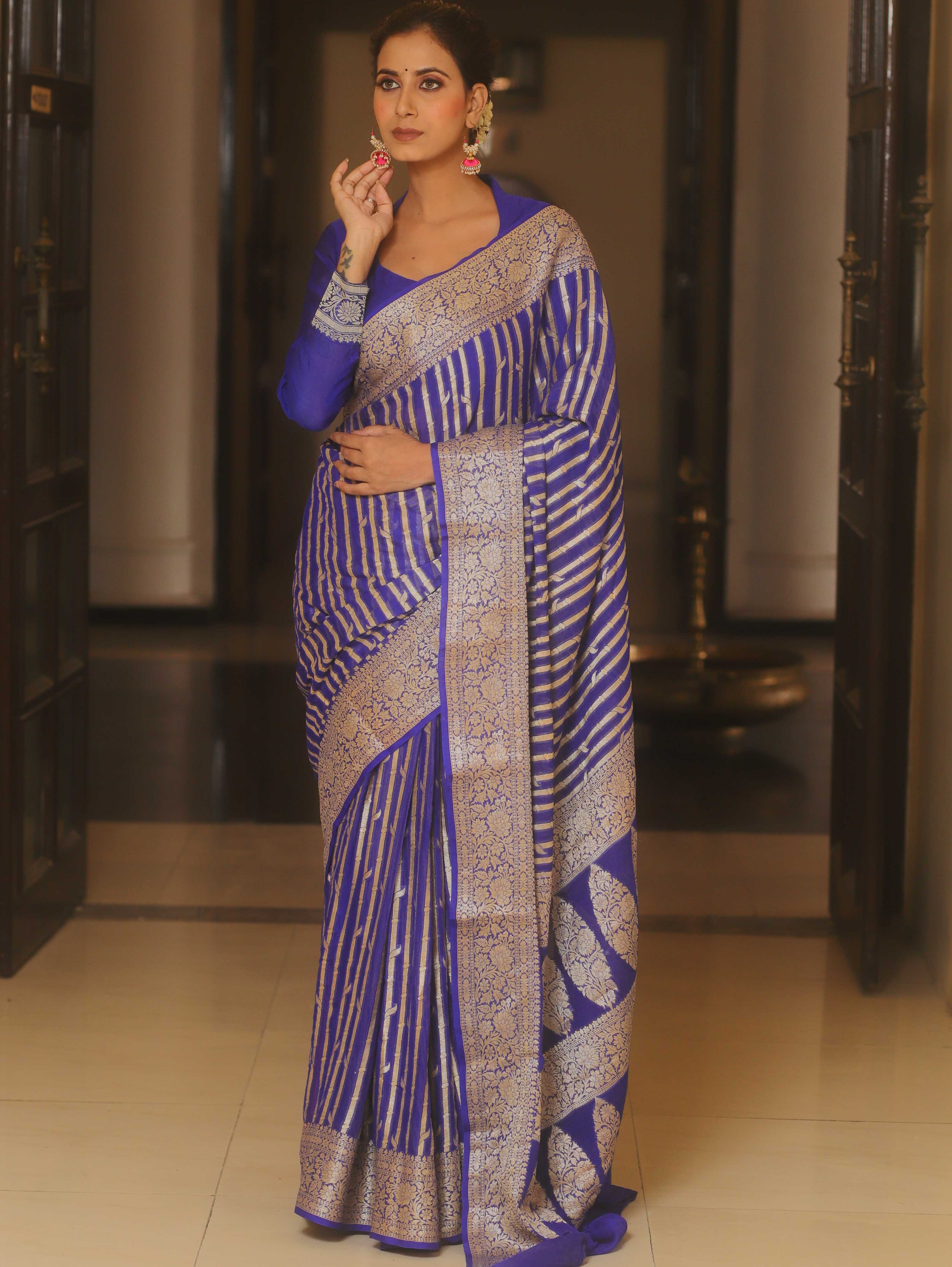 Banarasee Pure Chiffon Saree With Resham Zari Work-Royal Blue