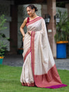Banarasee Handwoven Georgette Saree With Antique Zari Work & Contrast Border-Off White
