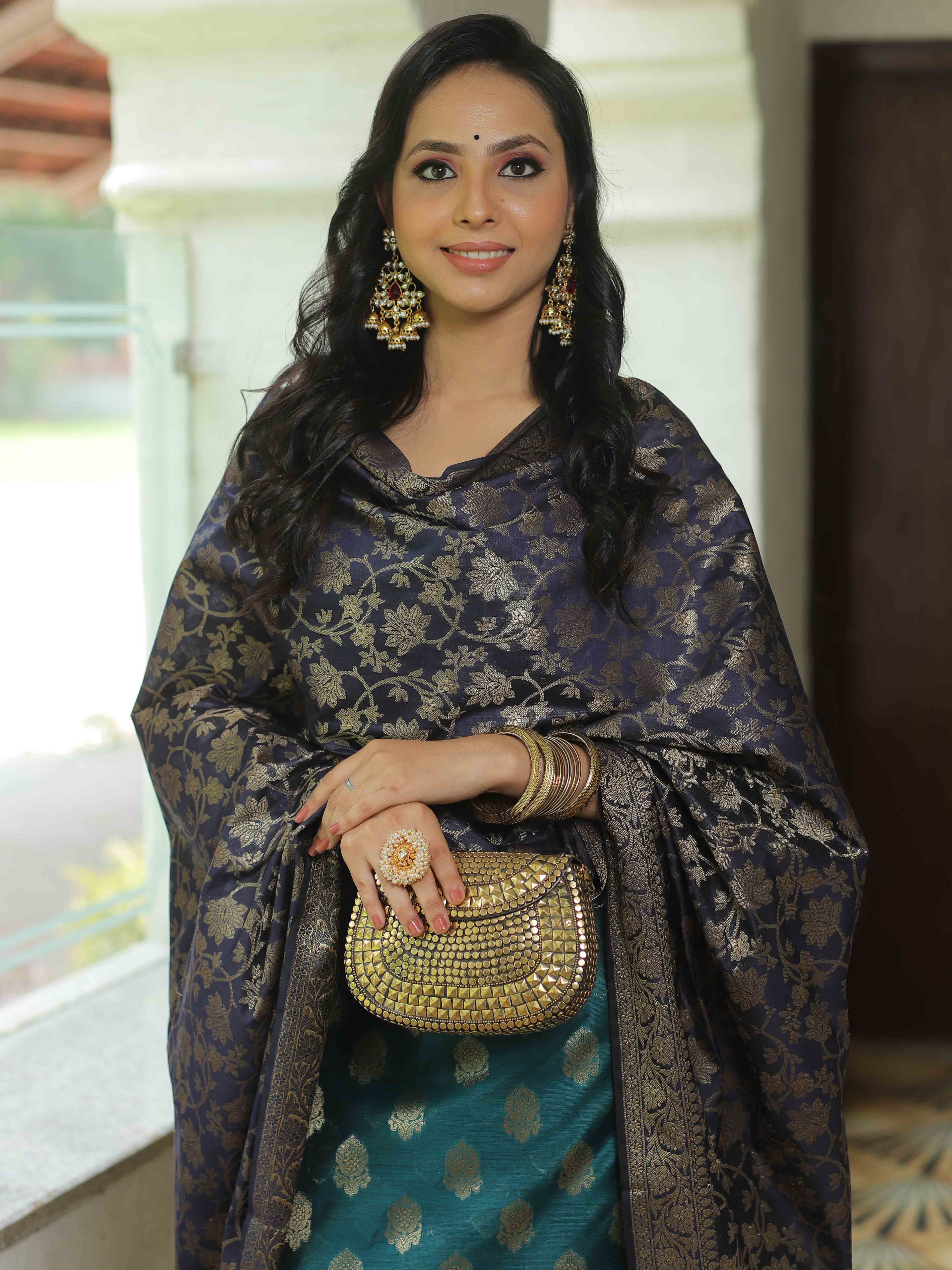 Banarasee Chanderi Cotton Salwar Kameez Fabric With Antique Zari & Contrast Dupatta-Green & Blue