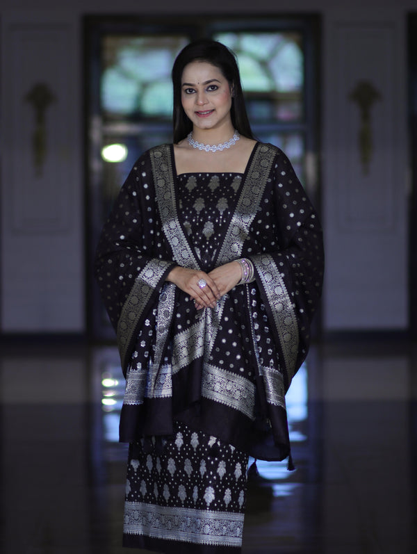 Banarasee Faux Georgette Zari Work Salwar Kameez Fabric With Dupatta Set-Black