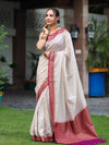 Banarasee Handwoven Georgette Saree With Antique Zari Work & Contrast Border-Off White