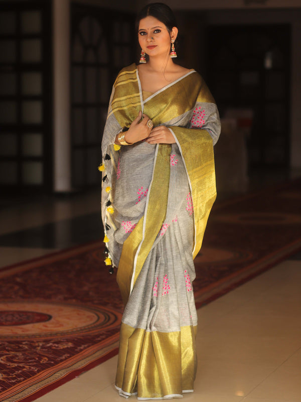 Bhagalpur Handloom Embroidered Buta Design Linen Saree With Contrast Border-Grey & Gold