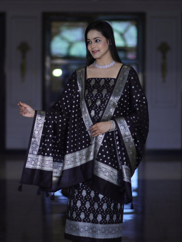 Banarasee Faux Georgette Zari Work Salwar Kameez Fabric With Dupatta Set-Black