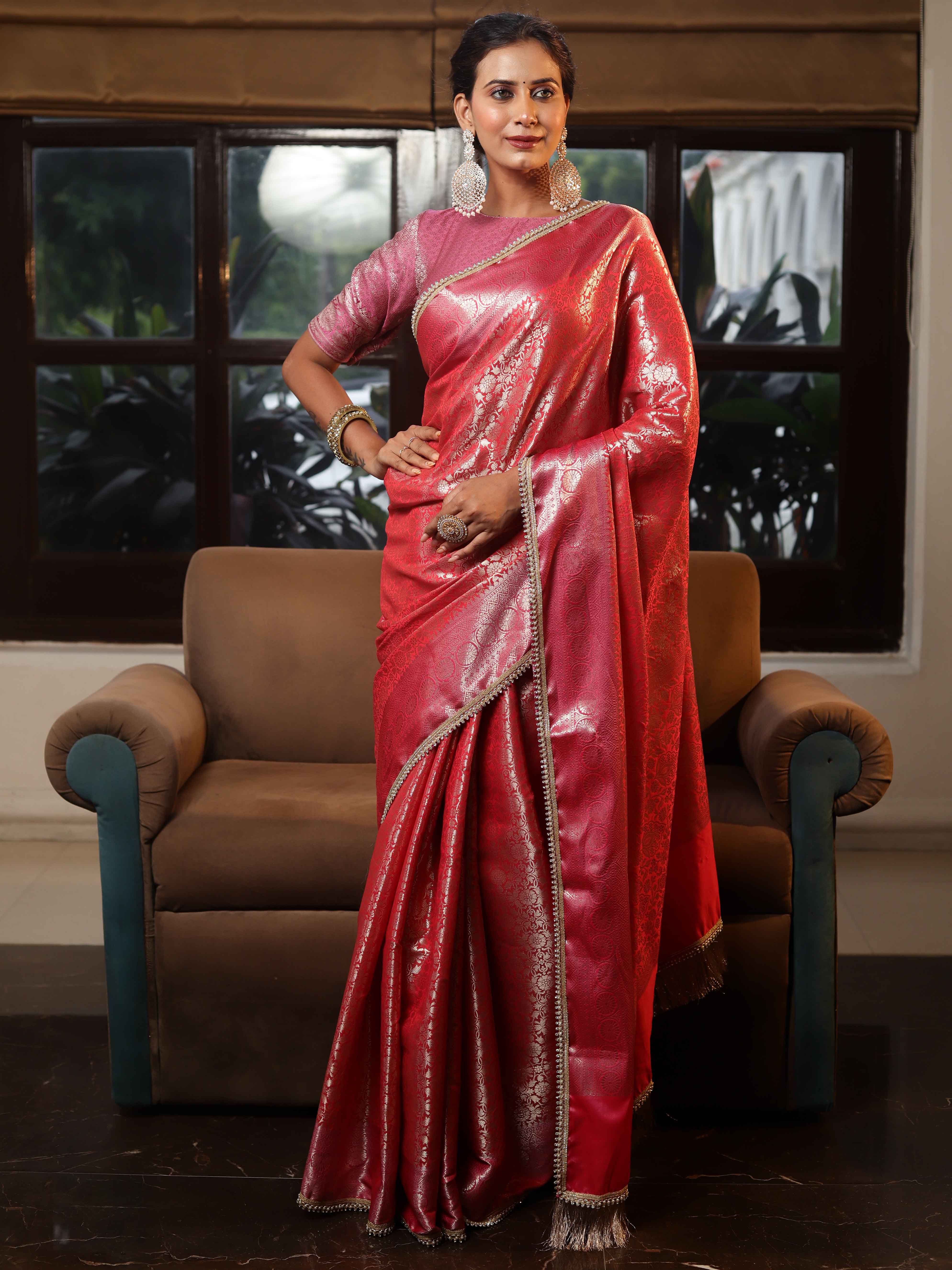 Banarasee Handwoven Tissue Saree With Zari Jaal Design & Lace-Red & Pink