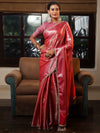 Banarasee Handwoven Tissue Saree With Zari Jaal Design & Lace-Red & Pink