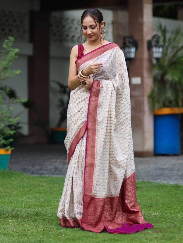 Banarasee Handwoven Georgette Saree With Antique Zari Work & Contrast Border-Off White