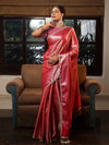 Banarasee Handwoven Tissue Saree With Zari Jaal Design & Lace-Red & Pink
