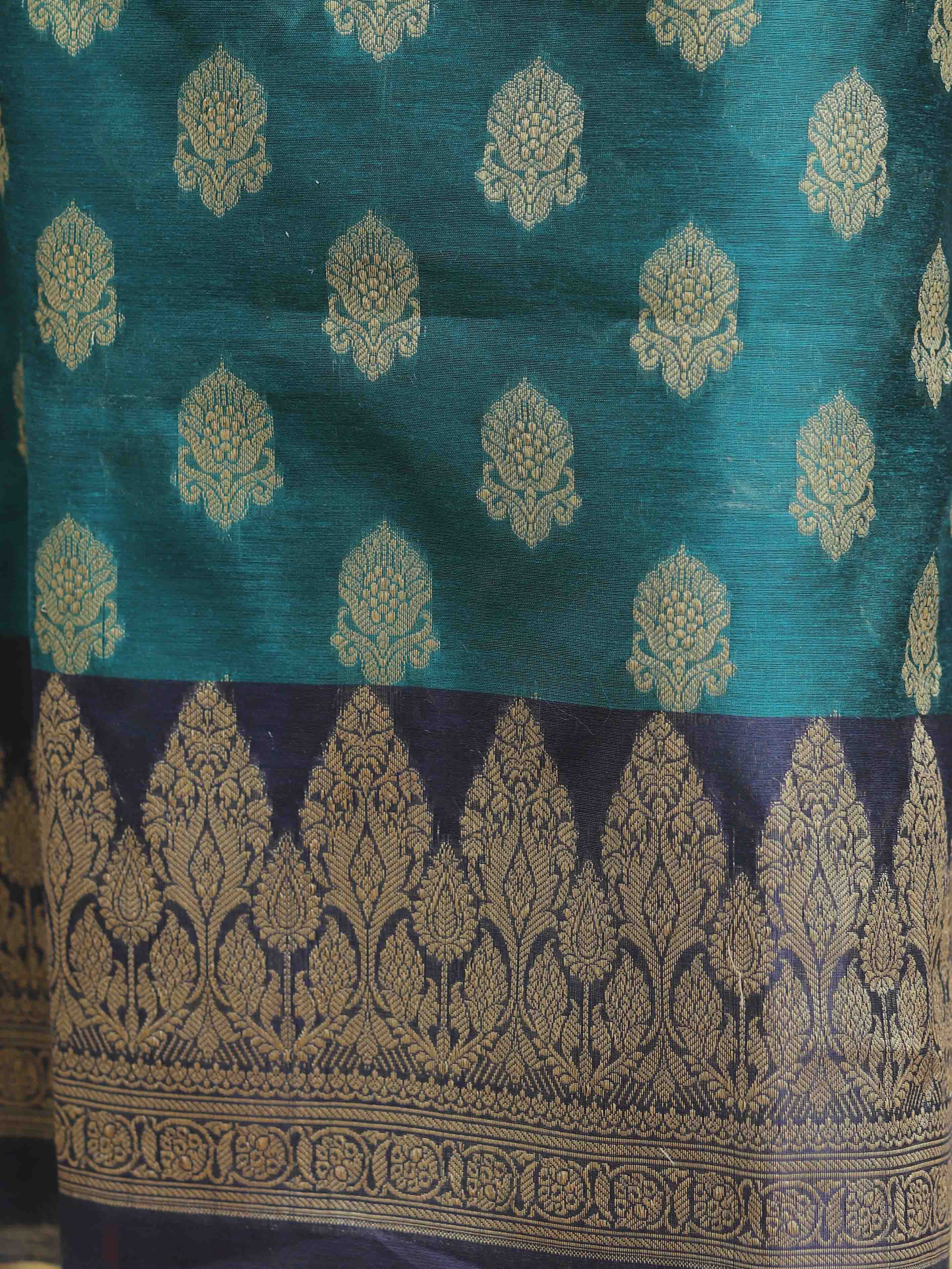 Banarasee Chanderi Cotton Salwar Kameez Fabric With Antique Zari & Contrast Dupatta-Green & Blue