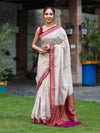 Banarasee Handwoven Georgette Saree With Antique Zari Work & Contrast Border-Off White