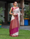 Banarasee Handwoven Georgette Saree With Antique Zari Work & Contrast Border-Off White