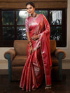 Banarasee Handwoven Tissue Saree With Zari Jaal Design & Lace-Red & Pink