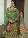 Banarasee Handloom Chanderi Salwar Kameez Fabric With Meena & Zari Design-Olive Green