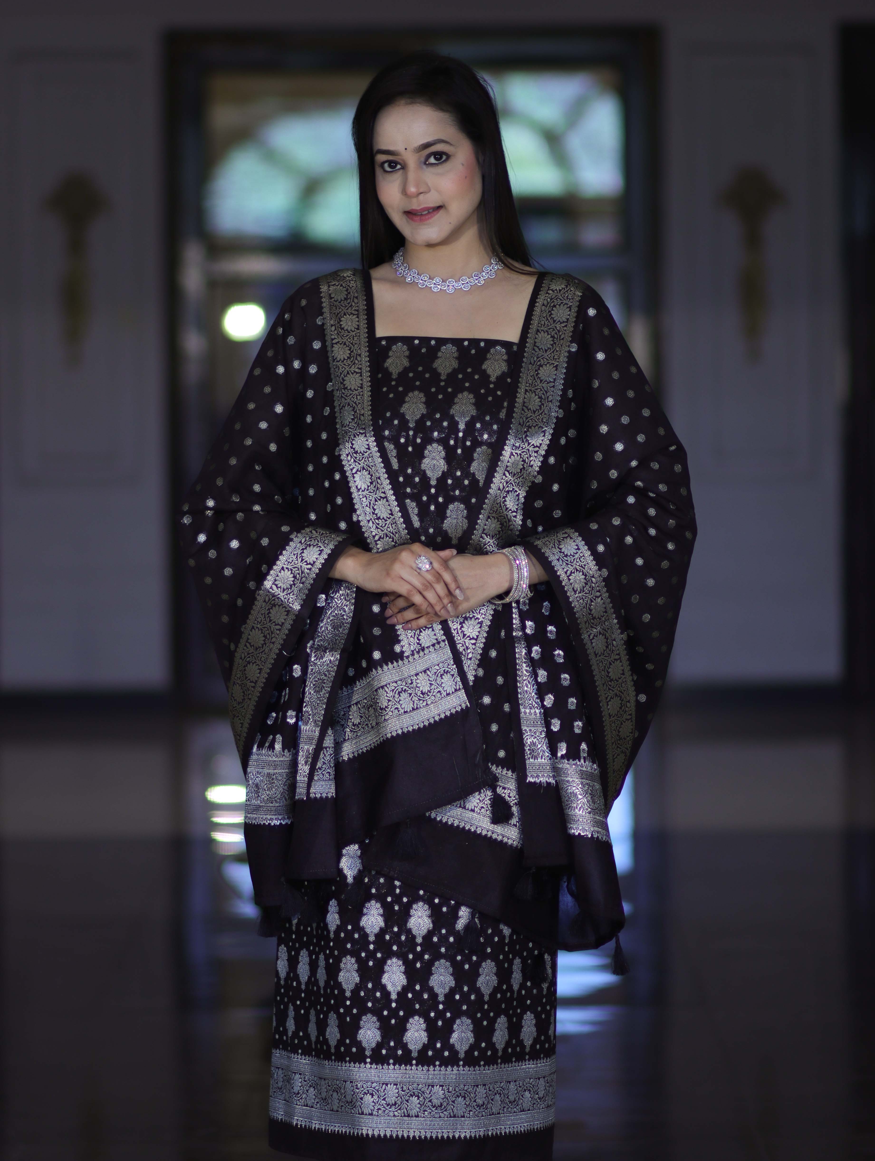 Banarasee Faux Georgette Zari Work Salwar Kameez Fabric With Dupatta Set-Black