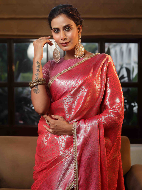 Banarasee Handwoven Tissue Saree With Zari Jaal Design & Lace-Red & Pink