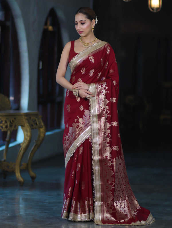 Banarasee Handloom Soft Silk Saree With Trishul Design Ganga Ghat Border & Lace-Maroon