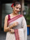 Banarasee Handwoven Georgette Saree With Antique Zari Work & Contrast Border-Off White