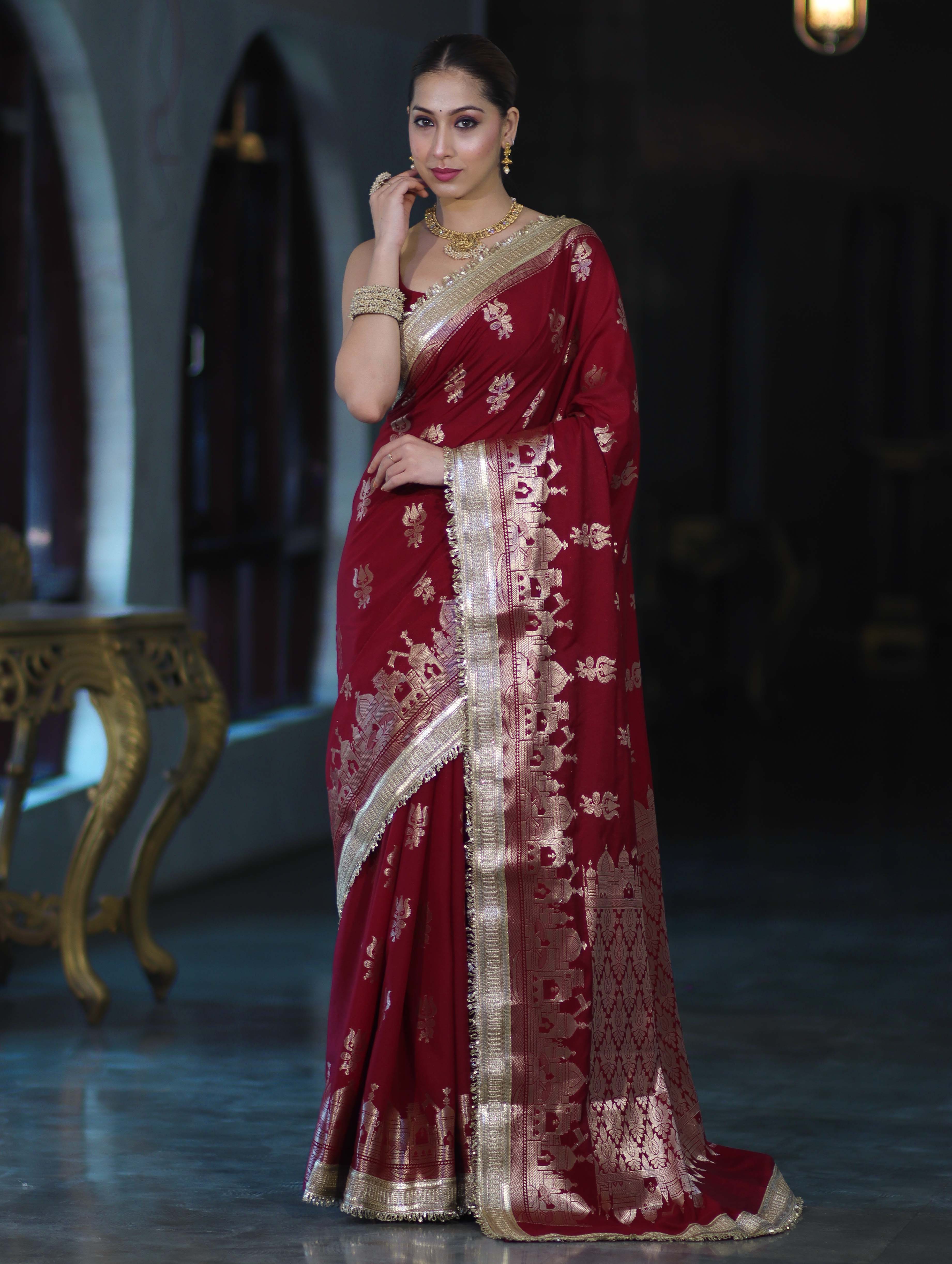 Banarasee Handloom Soft Silk Saree With Trishul Design Ganga Ghat Border & Lace-Maroon