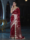 Banarasee Handloom Soft Silk Saree With Trishul Design Ganga Ghat Border & Lace-Maroon