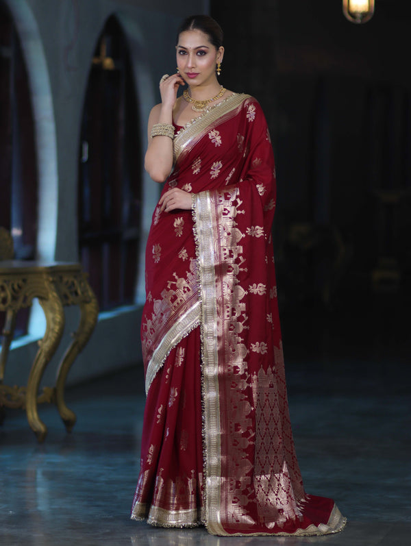 Banarasee Handloom Soft Silk Saree With Trishul Design Ganga Ghat Border & Lace-Maroon
