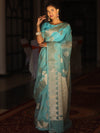 Banarasee Organza Mix Saree With Zari Buta & Scallop Border Design-Blue