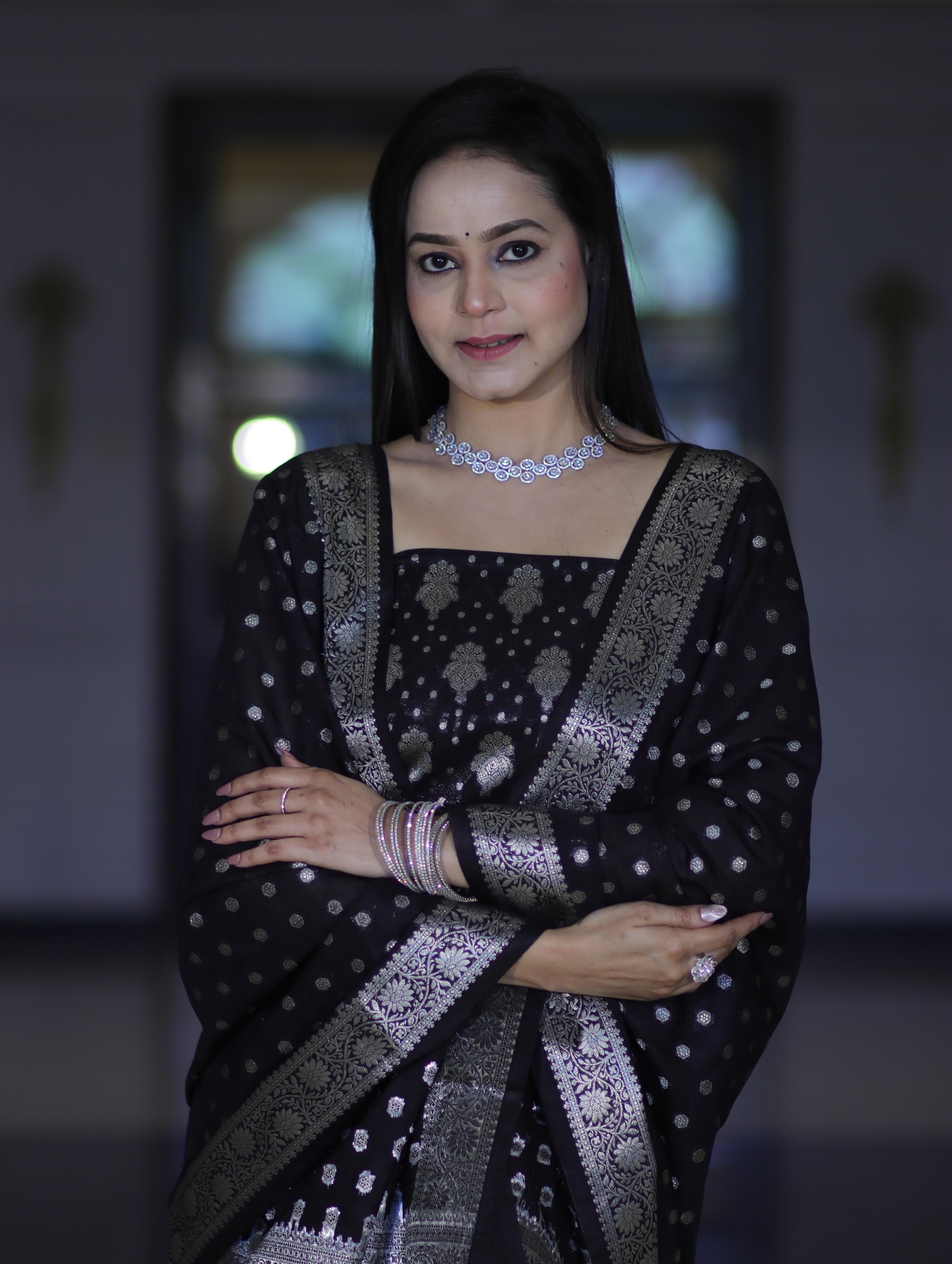 Banarasee Faux Georgette Zari Work Salwar Kameez Fabric With Dupatta Set-Black