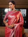 Banarasee Handwoven Tissue Saree With Zari Jaal Design & Lace-Red & Pink