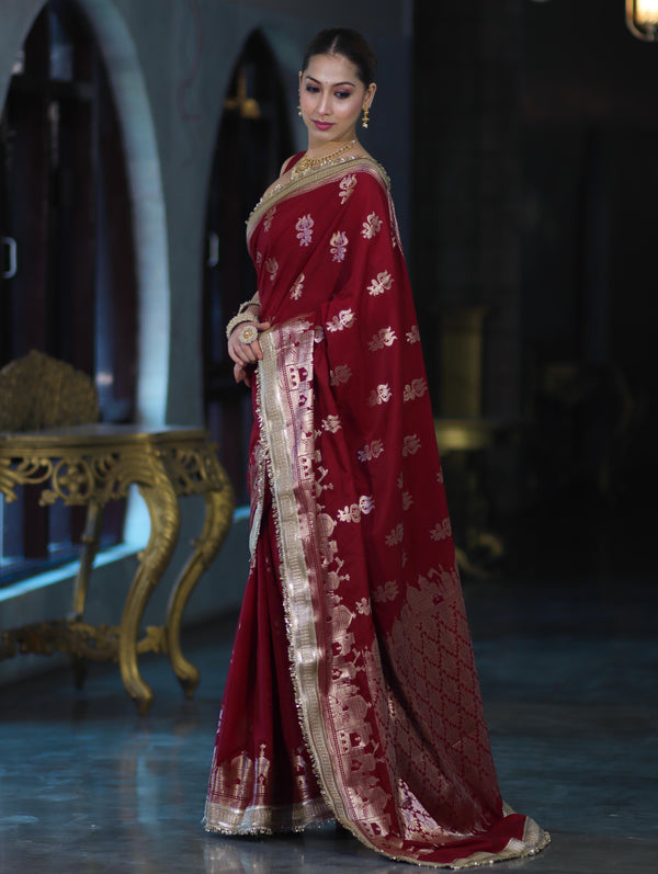 Banarasee Handloom Soft Silk Saree With Trishul Design Ganga Ghat Border & Lace-Maroon