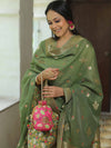 Banarasee Handloom Chanderi Salwar Kameez Fabric With Meena & Zari Design-Olive Green