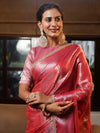 Banarasee Handwoven Tissue Saree With Zari Jaal Design & Lace-Red & Pink