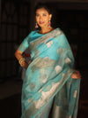 Banarasee Organza Mix Saree With Zari Buta & Scallop Border Design-Blue