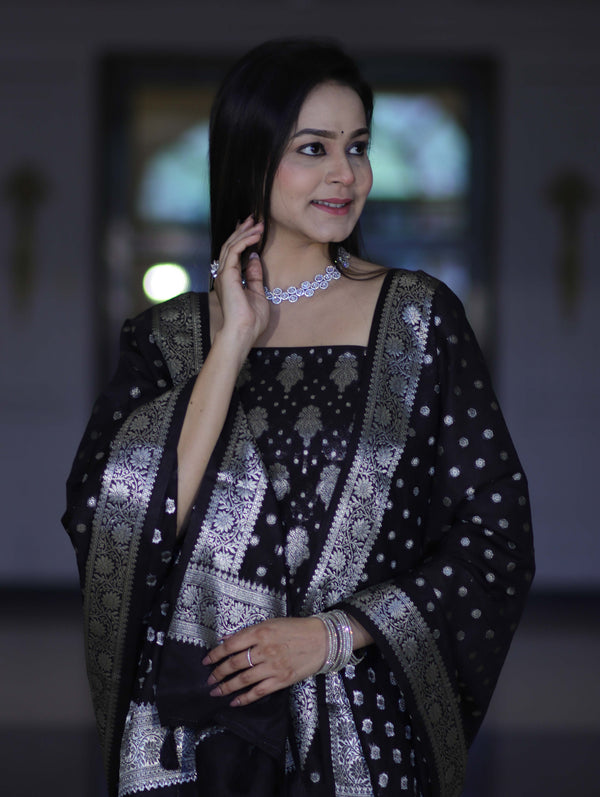 Banarasee Faux Georgette Zari Work Salwar Kameez Fabric With Dupatta Set-Black