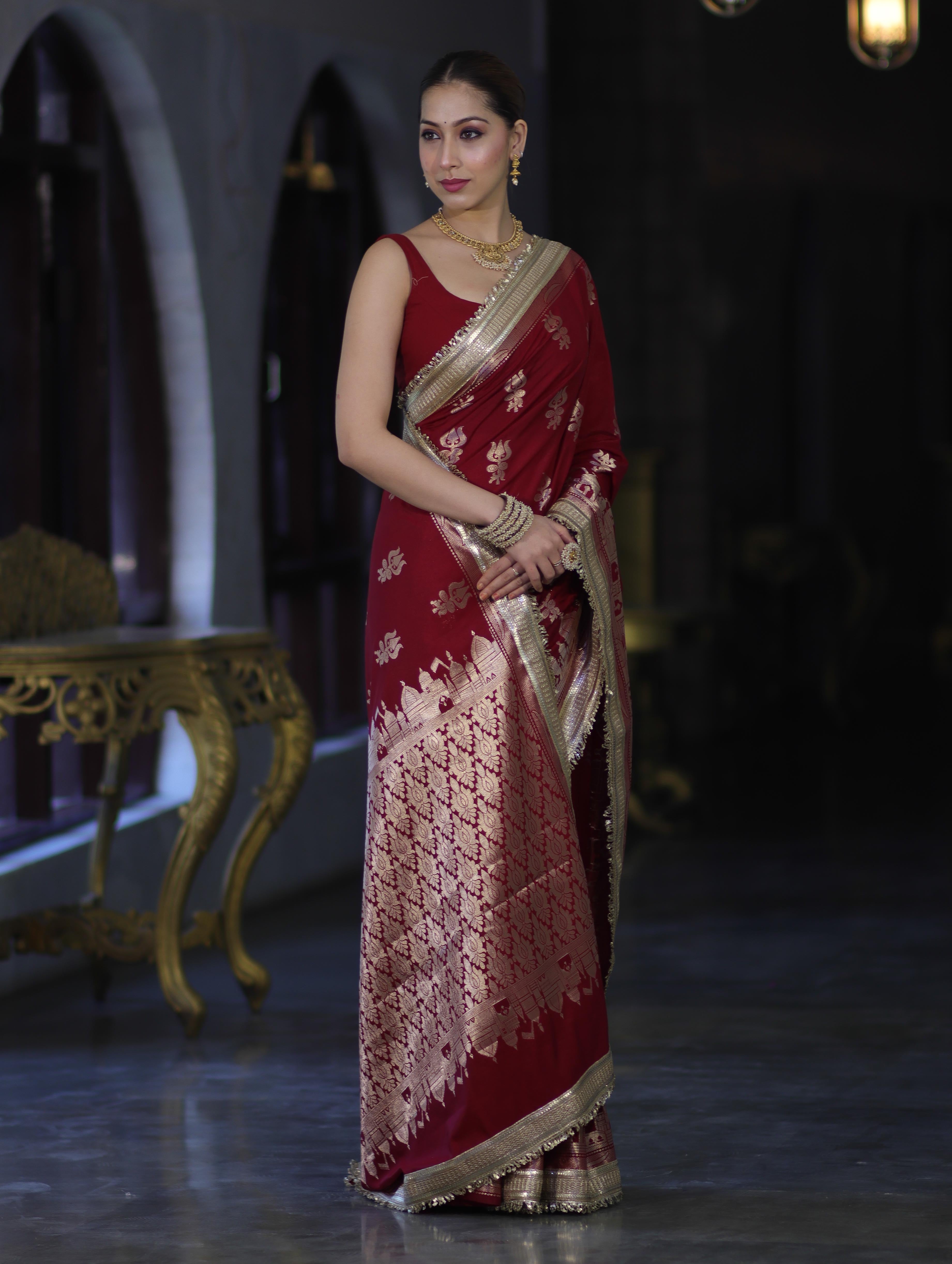 Banarasee Handloom Soft Silk Saree With Trishul Design Ganga Ghat Border & Lace-Maroon