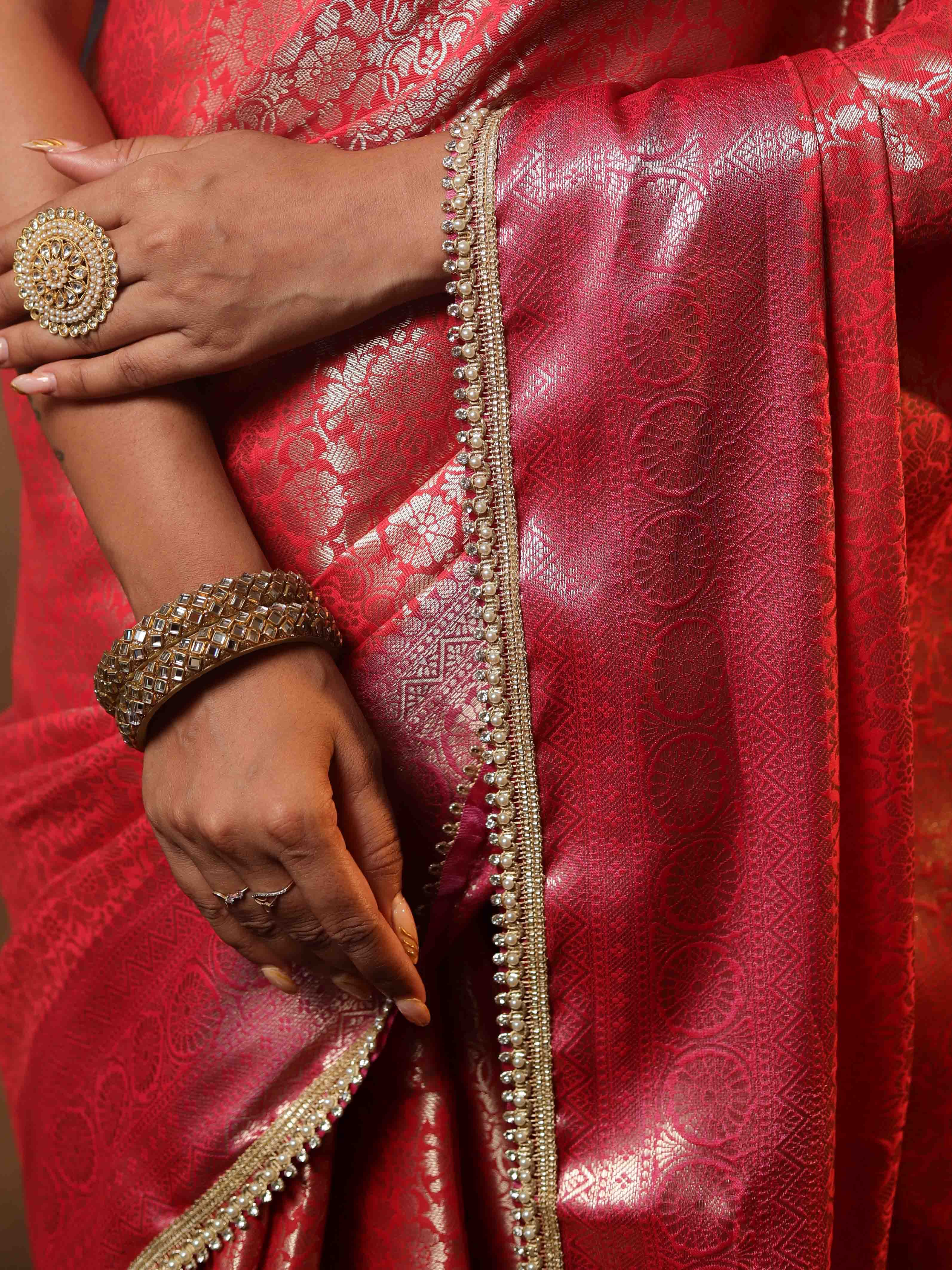 Banarasee Handwoven Tissue Saree With Zari Jaal Design & Lace-Red & Pink