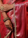Banarasee Handwoven Tissue Saree With Zari Jaal Design & Lace-Red & Pink