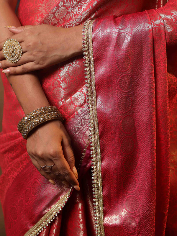 Banarasee Handwoven Tissue Saree With Zari Jaal Design & Lace-Red & Pink