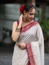 Banarasee Handwoven Georgette Saree With Antique Zari Work & Contrast Border-Off White