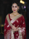 Banarasee Handloom Soft Silk Saree With Trishul Design Ganga Ghat Border & Lace-Maroon